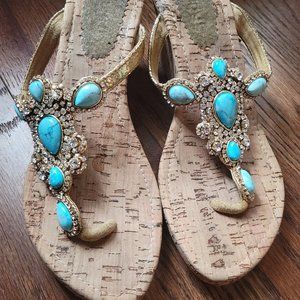 Mystique Boutique Turquoise Jeweled Wedge Sandals Size 8